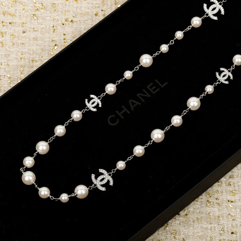 18K CC White Gold Long Pearl Necklace