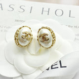 18K CC Oval Pearl Gold Earrings
