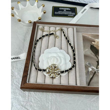 18K CC Black Leather Flower Necklace