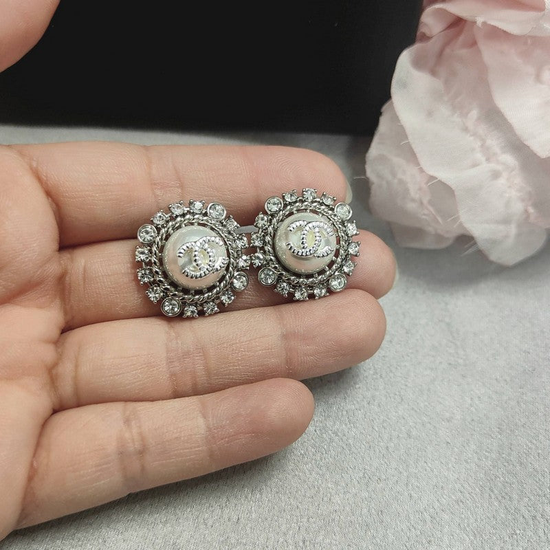 18K CC Round Pave Diamond Earrings