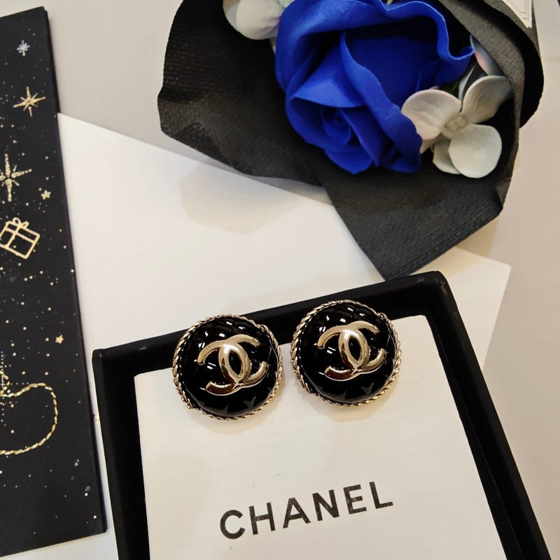 18K CC Black & Pink Round Earrings