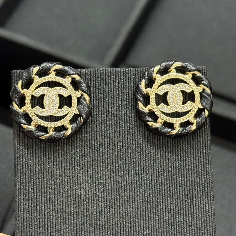 18K CC Black Leather Round Earrings