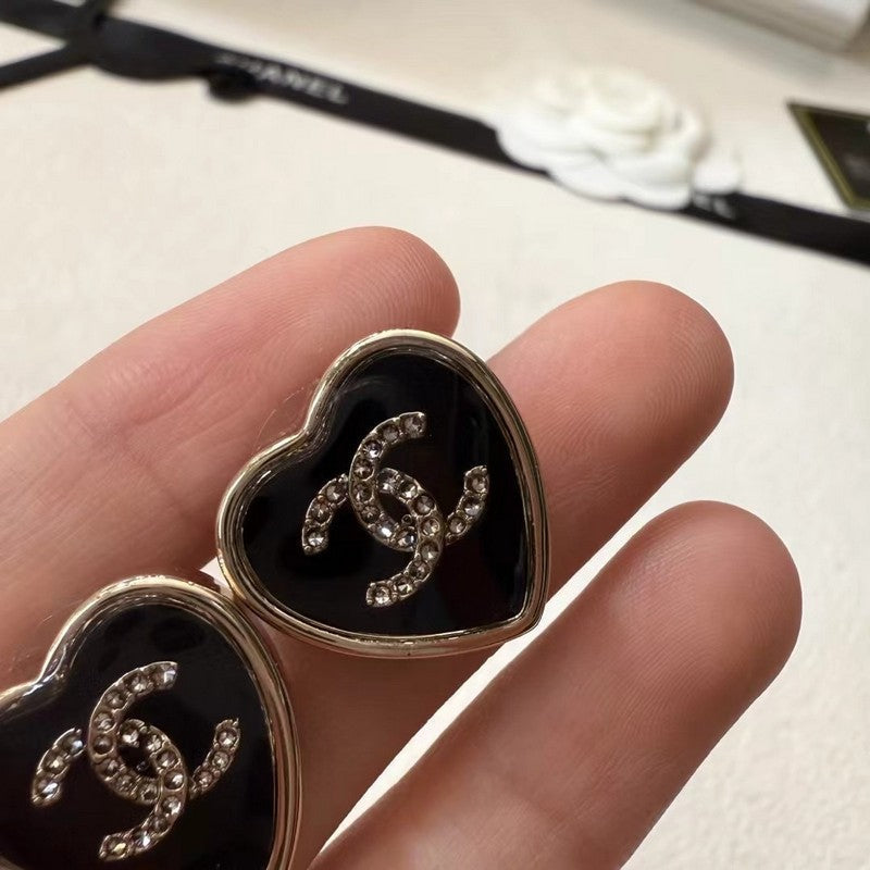 18K CC Black Heart Gold Earrings