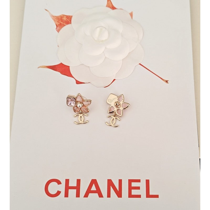 18K CC Pink Crystal Flower Drop Earrings