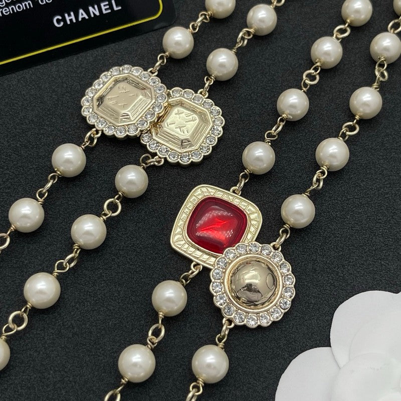 18K CC Red Crystal Pearl Long Necklace