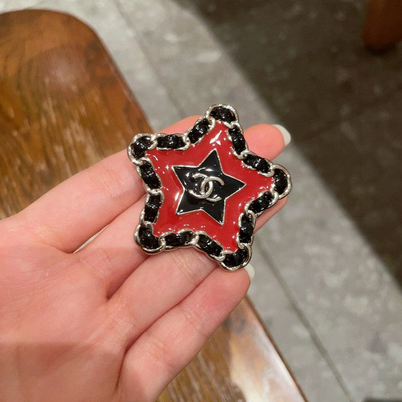 18K CC Black & Red Star Leather Brooch