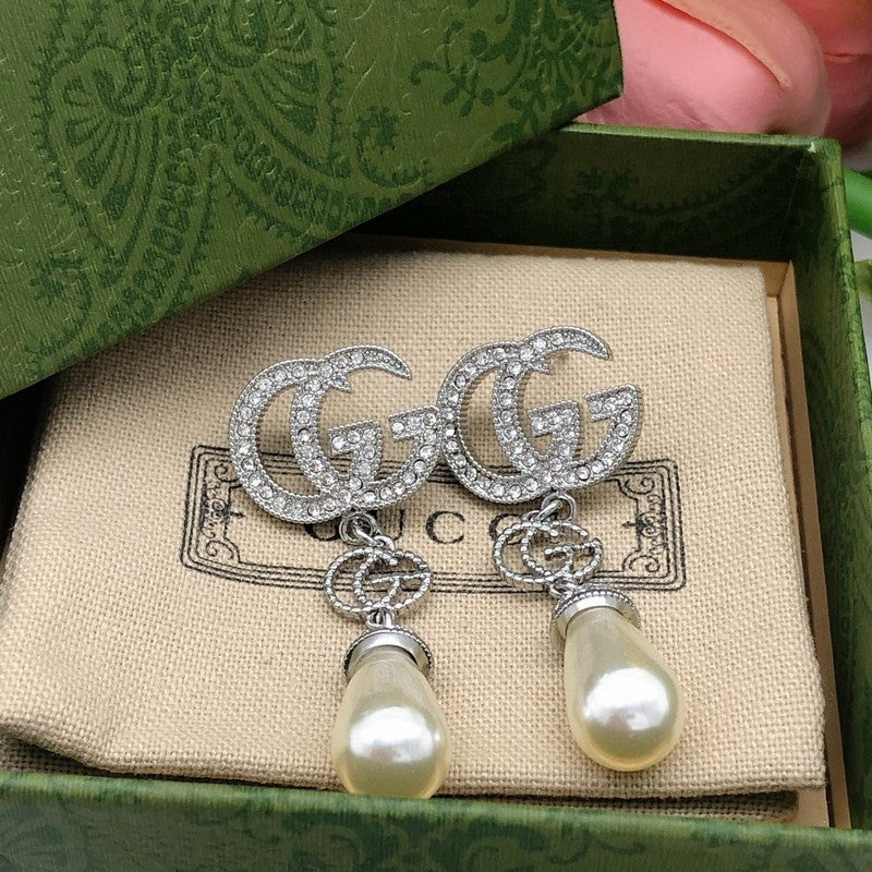 18K GG Diamond Pearl Drop Earrings