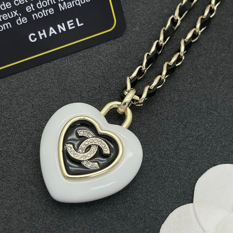 18K CC Black & White Heart Leather Necklace