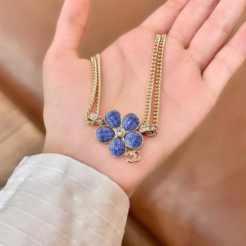 18K CC Blue Gold Camellia Chain Necklace