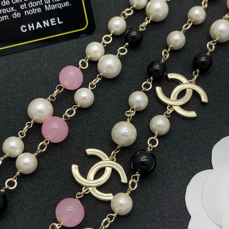 18K CC Black & Pink Bead Long Necklace