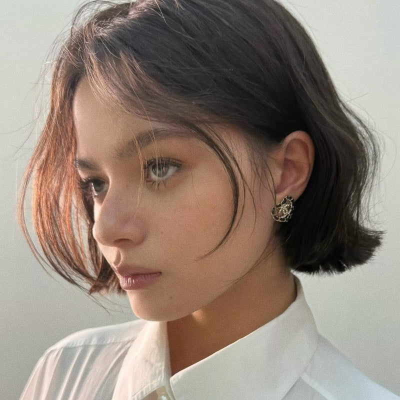 18K CC Black Leather Heart Gold Earrings