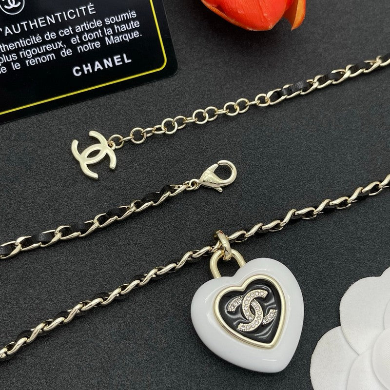 18K CC Black & White Heart Leather Necklace