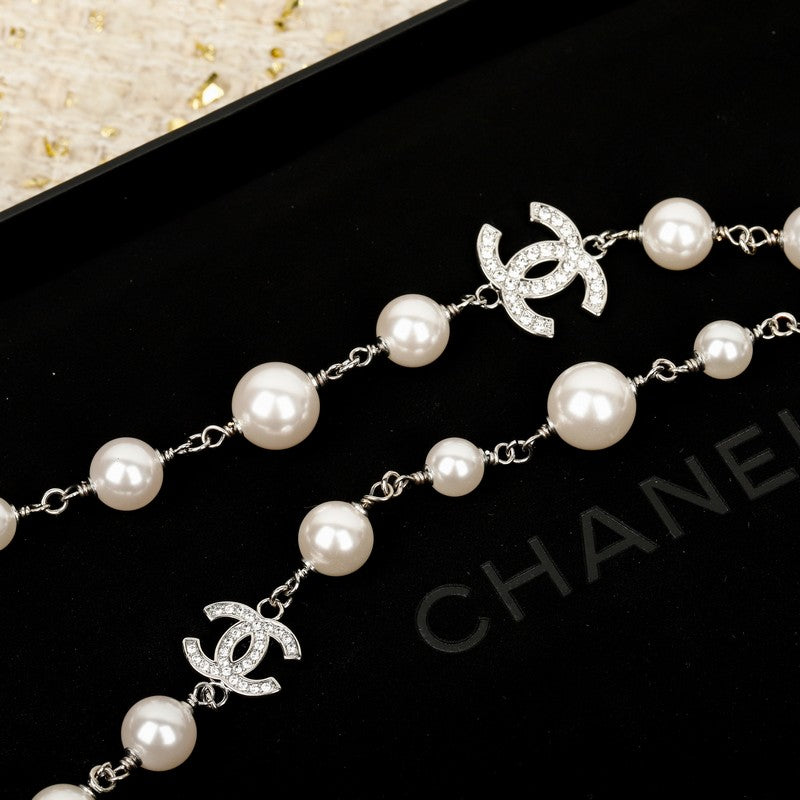 18K CC White Gold Long Pearl Necklace