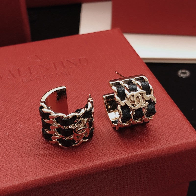 18K CC Leather Gold Circle Earrings