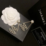 18K CC Pearl Gold Chain Earrings