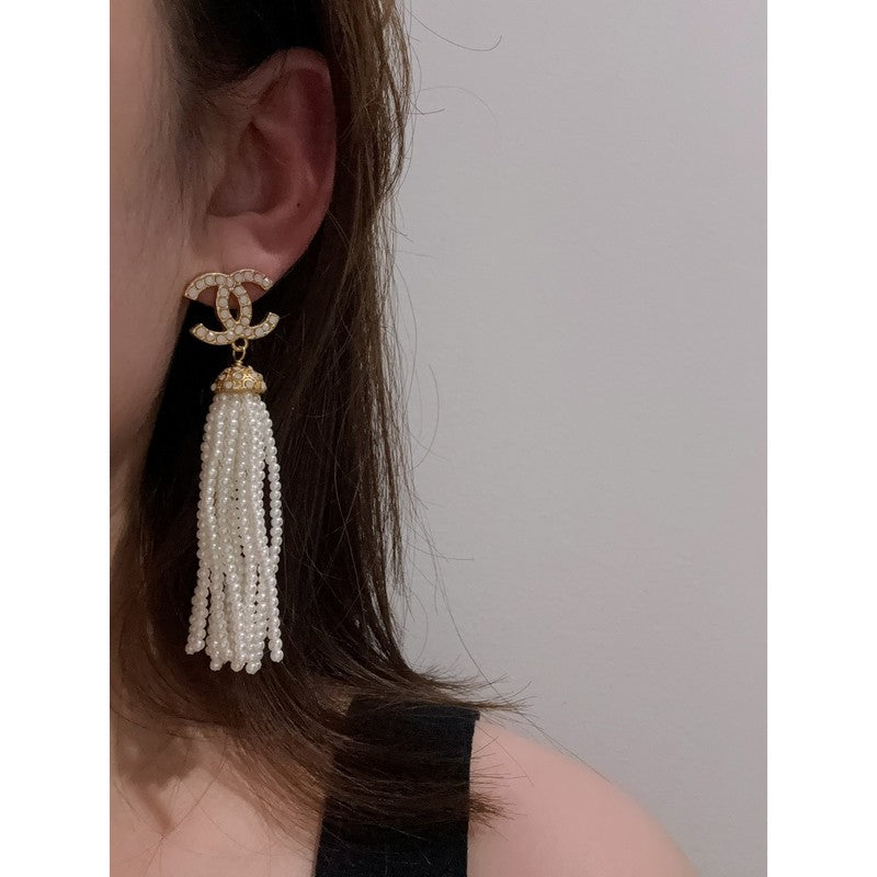 18K CC Pearl Tassel Earrings