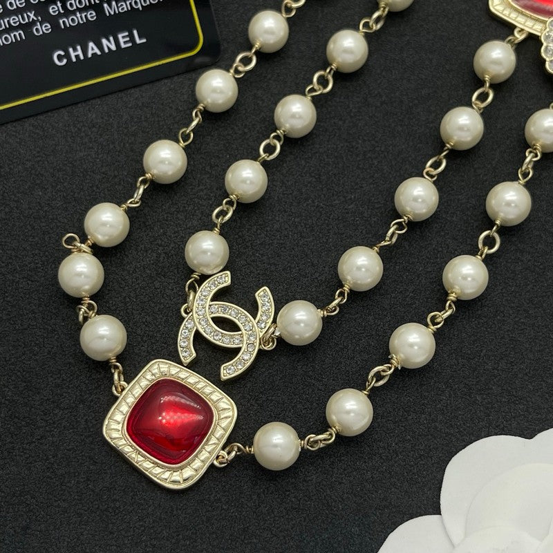 18K CC Red Crystal Pearl Long Necklace