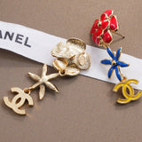 18K CC Blue & Red Flower Gold Earrings