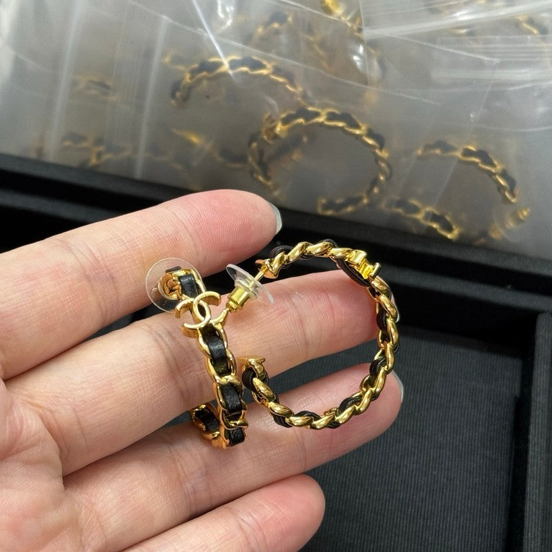 18K CC Black Leather Gold Earrings