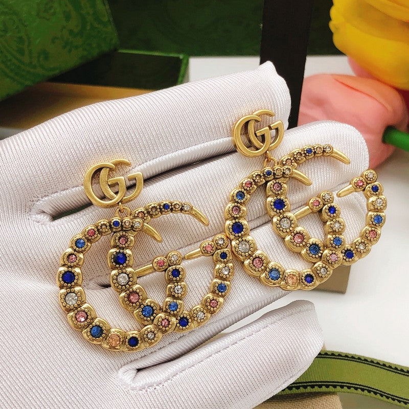 18K GG Big Crystal Gold Earrings