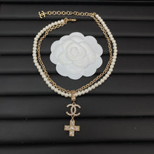 18K CC Cross Diamond Pearl Chain Necklace