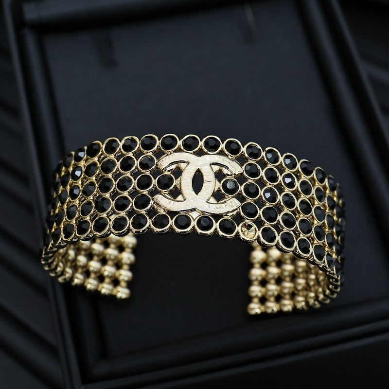 18K CC Black Crystal Wide Cuff Bracelet