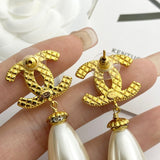 18K CC Pearl Pendant Gold Earrings