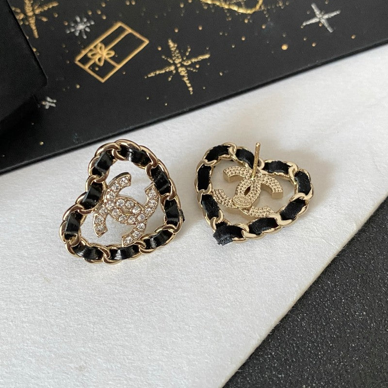 18K CC Black Leather Heart Gold Earrings
