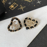 18K CC Black Leather Heart Gold Earrings