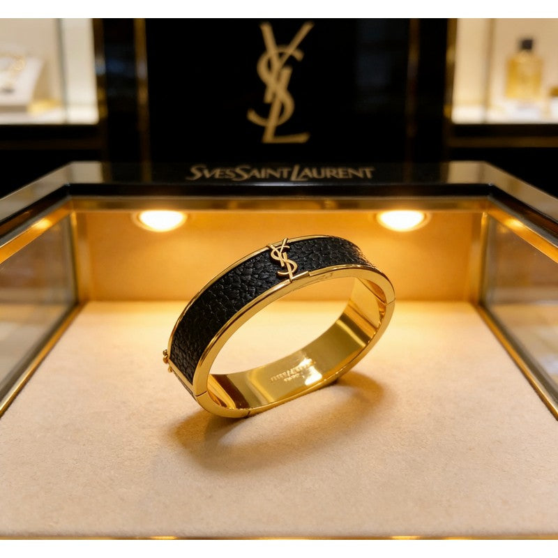 18K Saint Black Leather Gold Bracelet