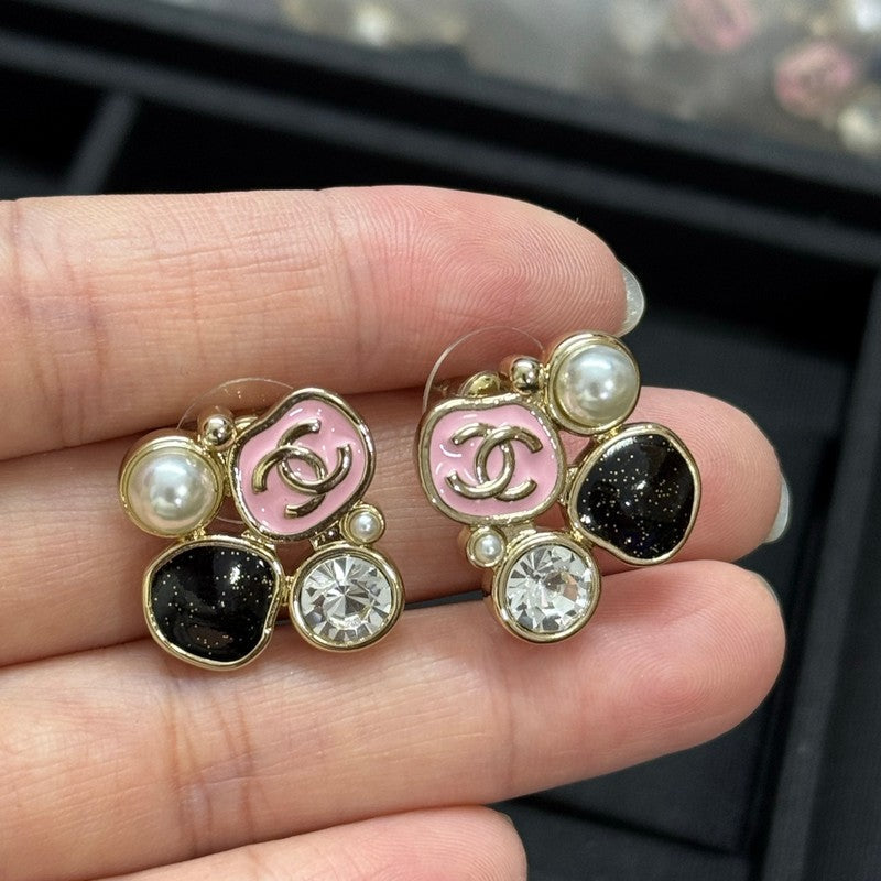18K CC Black & Pink Crystal Earrings