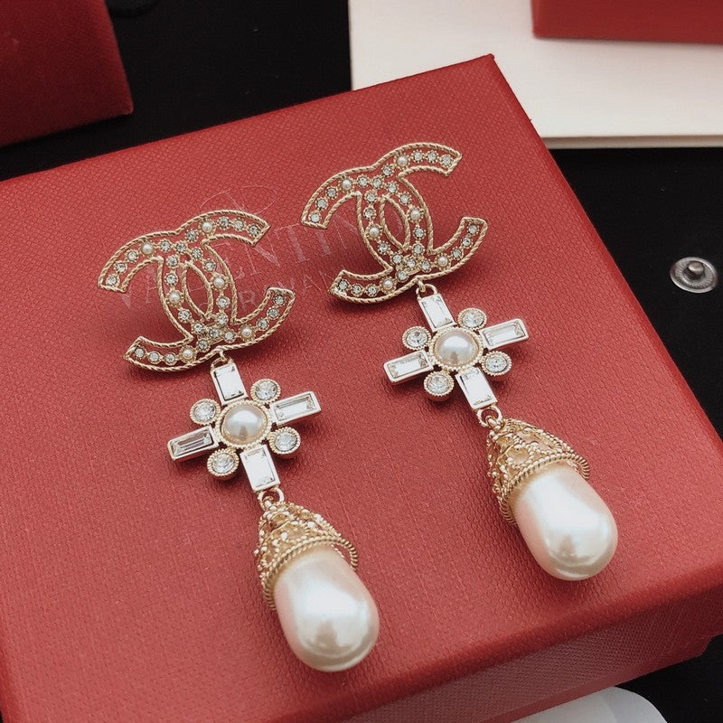 18K CC Diamond Cross Pearl Drop Earrings