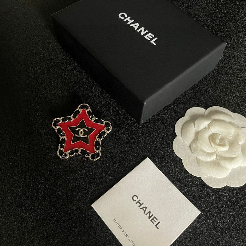 18K CC Black & Red Star Leather Brooch