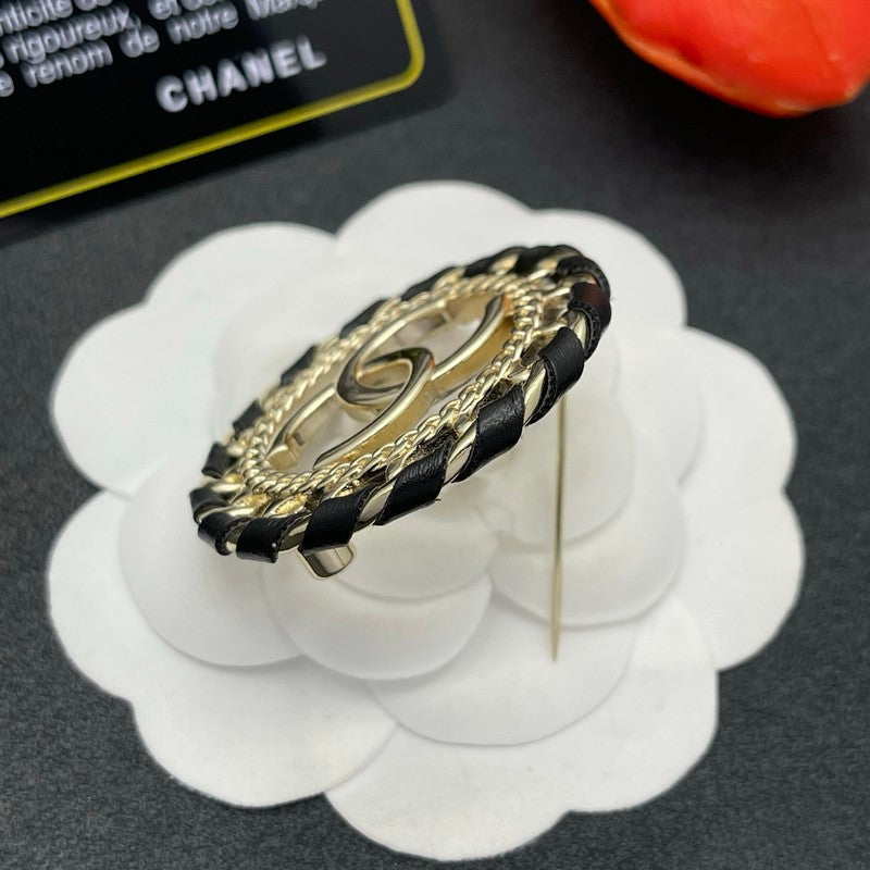 18K CC Leather Gold Brooch