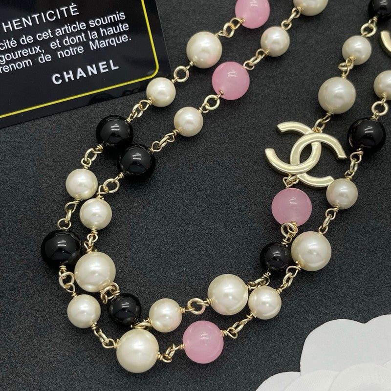 18K CC Black & Pink Bead Long Necklace