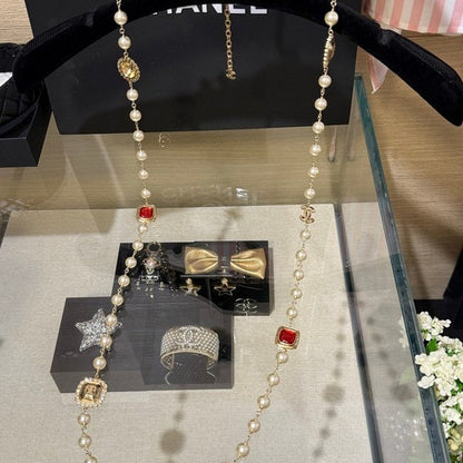 18K CC Long Pearl Red Crystals Necklace