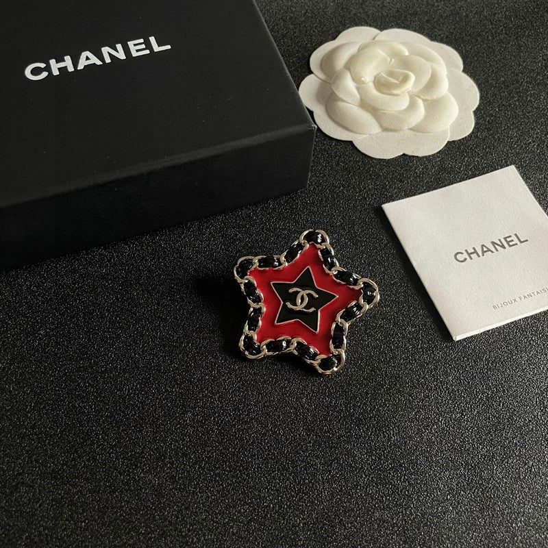 18K CC Black & Red Star Leather Brooch
