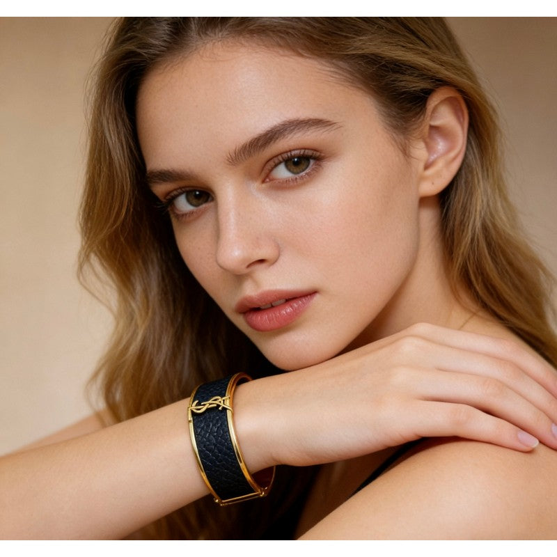18K Saint Black Leather Gold Bracelet