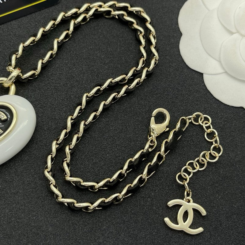 18K CC Black & White Heart Leather Necklace