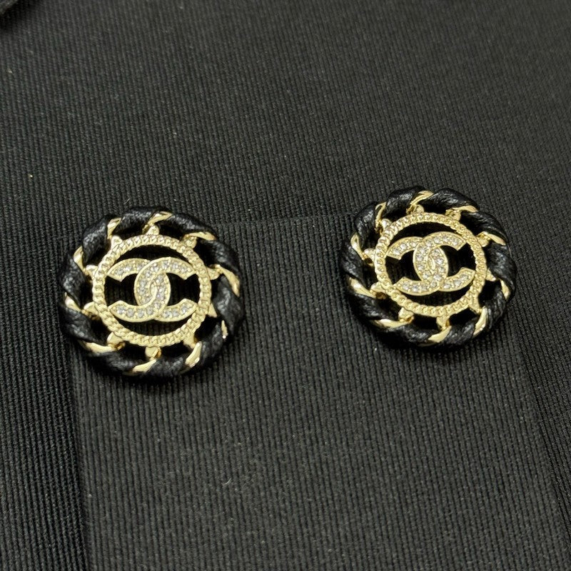 18K CC Black Leather Round Earrings