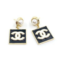 18K CC Square Pearl Pendant Earrings