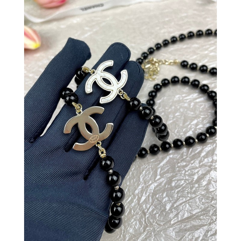 18K CC 23A Black Bead Long Necklace