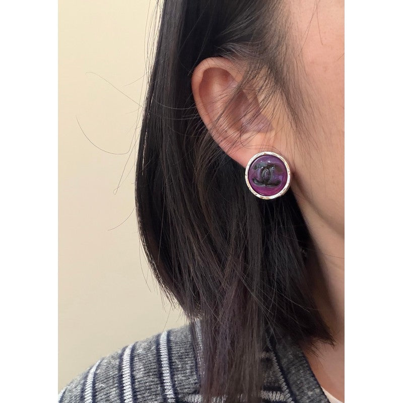 18K CC White & Purple Round Earrings