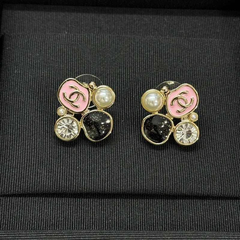 18K CC Black & Pink Crystal Earrings