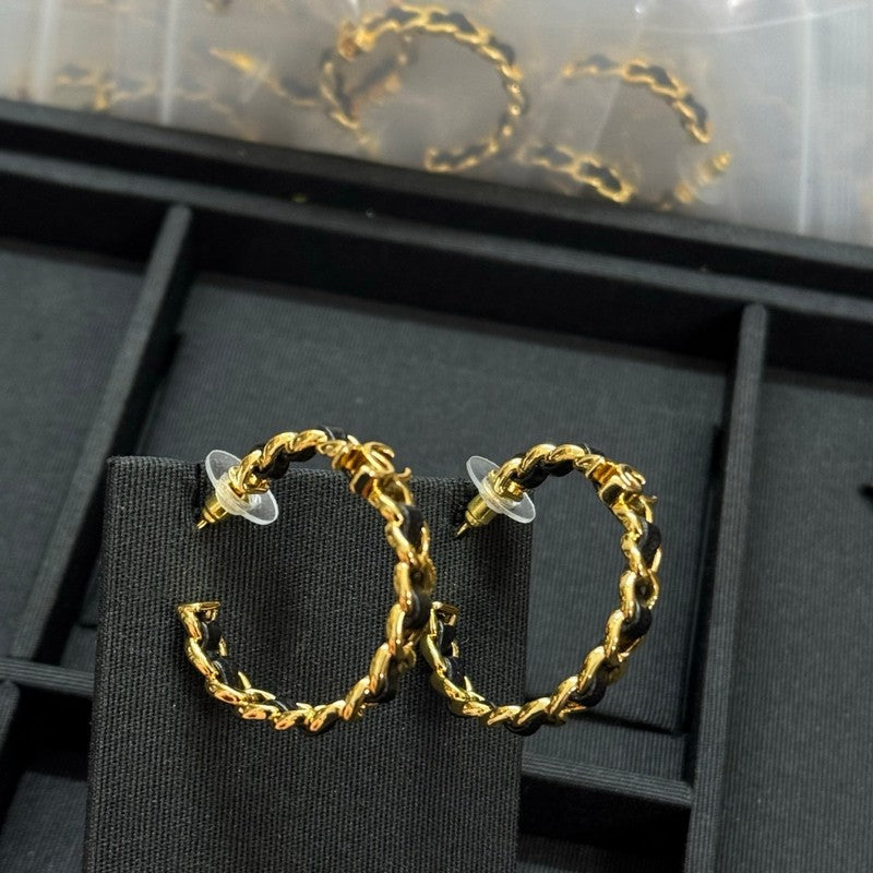 18K CC Black Leather Gold Earrings