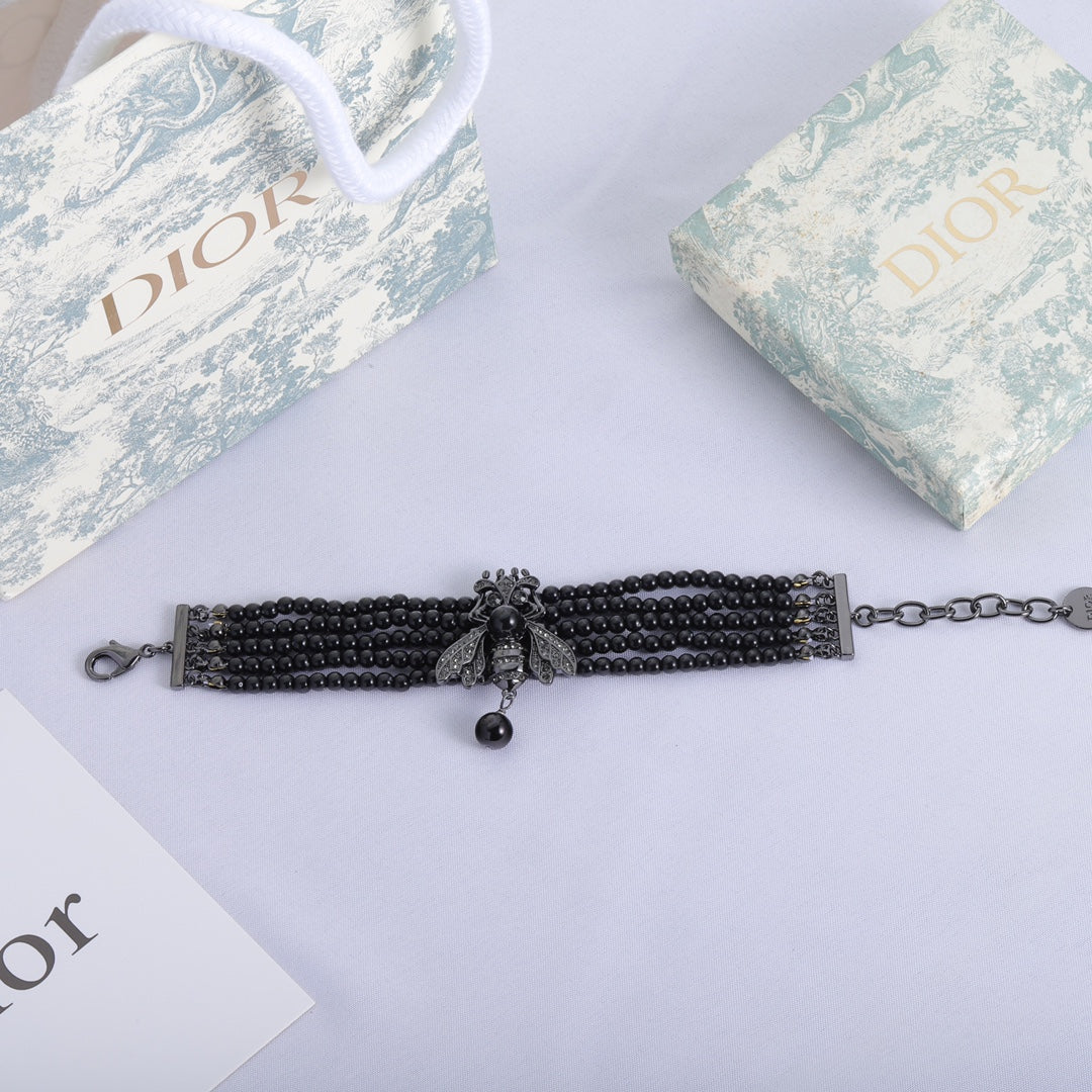 18K CD Bee Black Pearls Bracelet