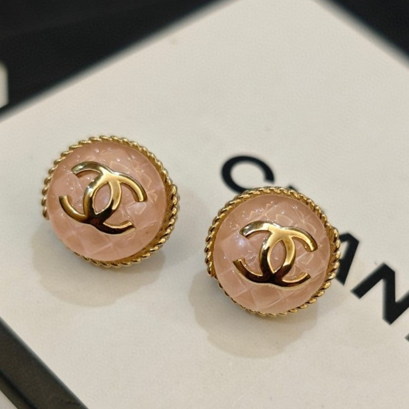 18K CC Black & Pink Round Earrings
