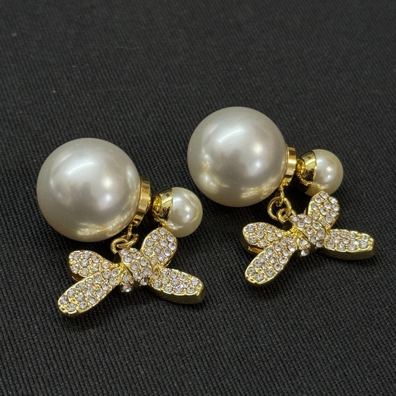 18K CD Bow Diamond Gold Earrings
