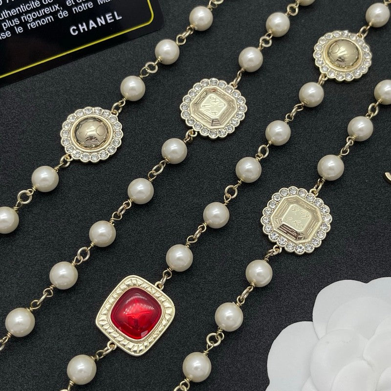 18K CC Red Crystal Pearl Long Necklace