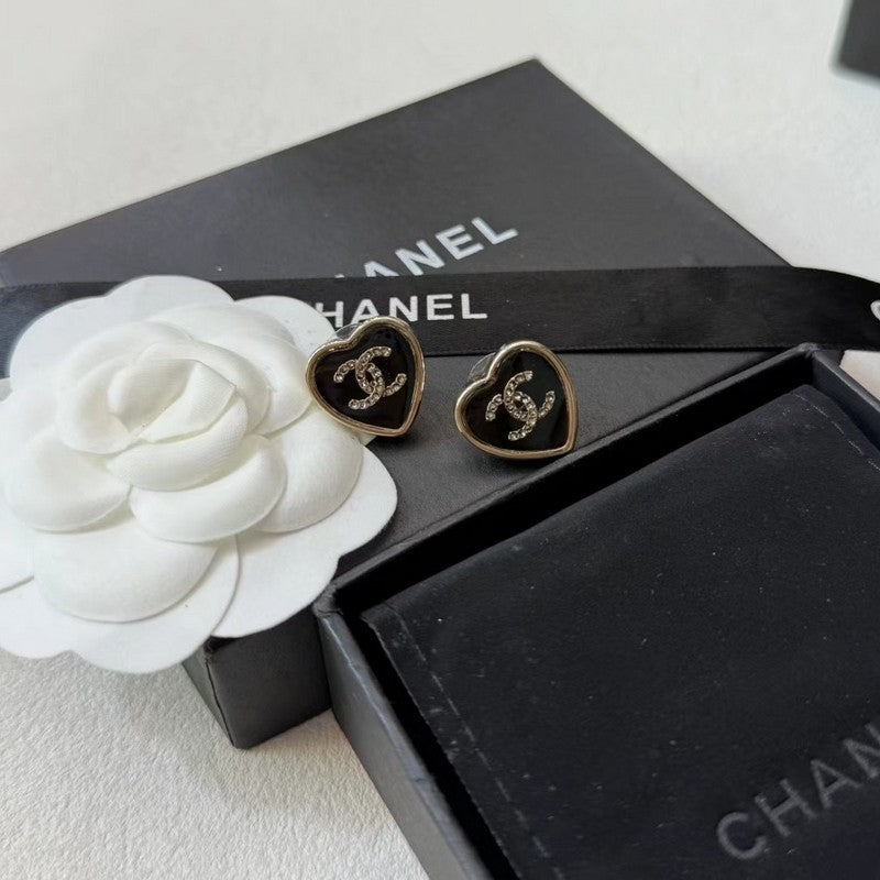 18K CC Black Heart Gold Earrings
